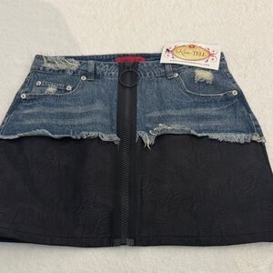 Signature8 Distressed Denim and Black Mini Skirt